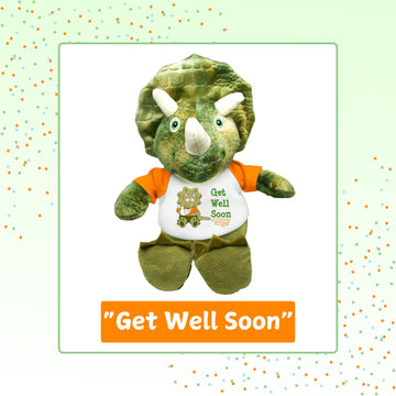 Flutter Hut Get Well Soon Triceratops Plush Dinosaur Message T-Shirt Orange Sleeves 8 Inches