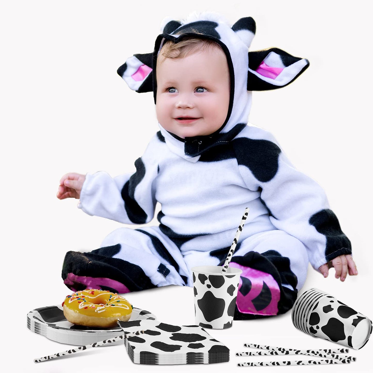 Lewtemi 100 Pcs Cow Print Party Supplies Kit, Includes Napkins, Plates, Straws for Farm Theme Birthday Parties