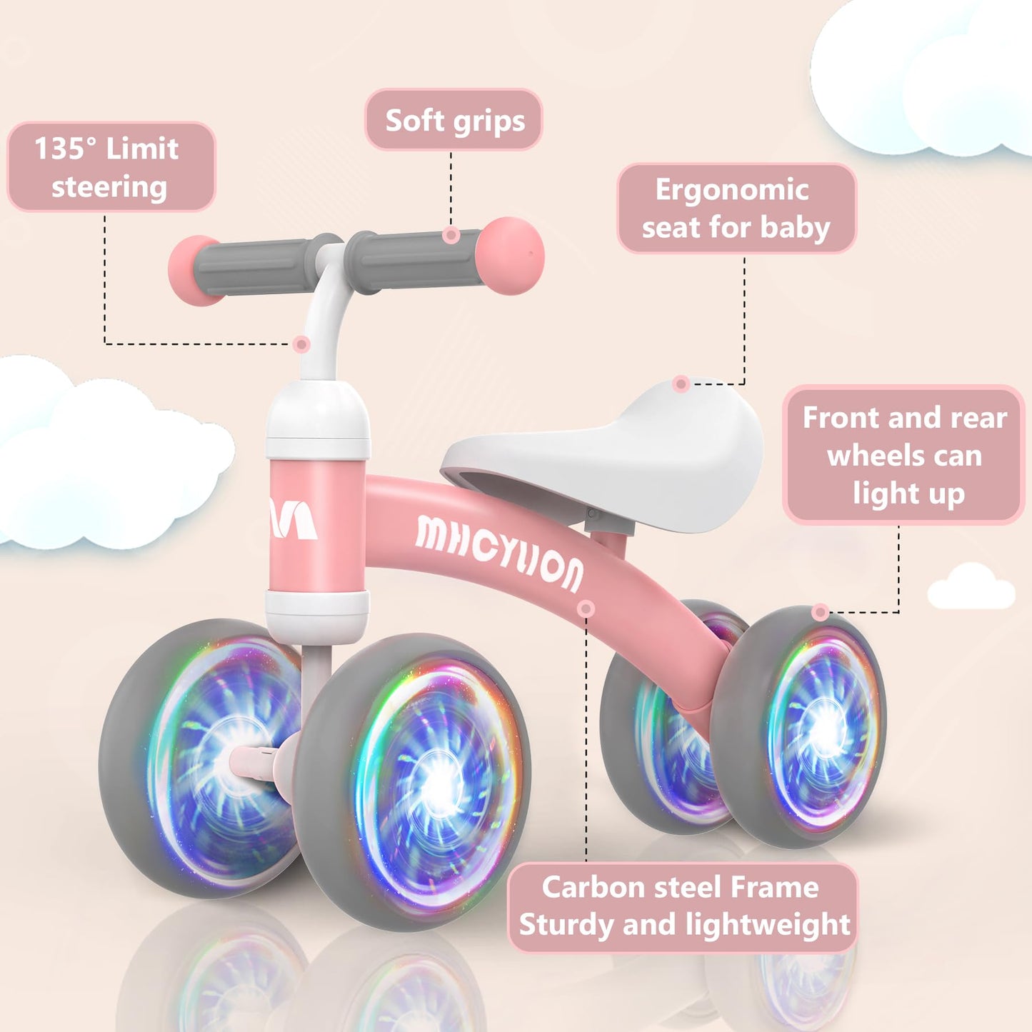 Mhcylion Shining Balance Bike Toys For Baby 1 Year Old Gifts,10-24 Months Toddler First Birthday Gift, No Pedal 4 Colorful Light