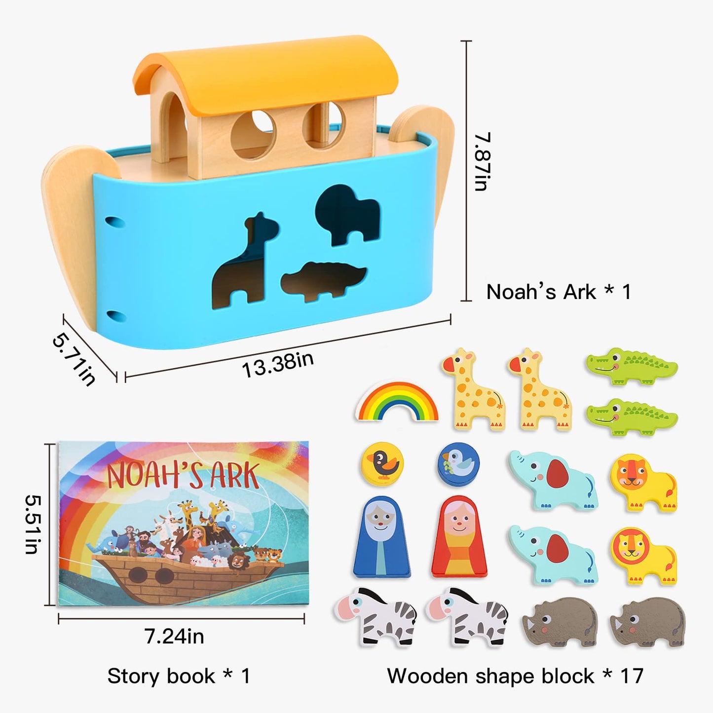 TOOKYLAND Noah's Ark Toy for Toddlers  Baptism Gifts for Boys and Girls  Wooden Animal Shape Sorter  Bible Story Toys with Book  Montessori Educational Toys for 2 3 4 Year Old