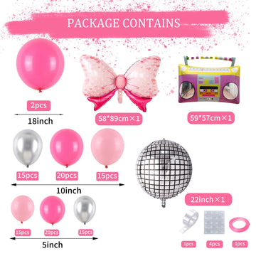 Pink Balloon Garland Arch Kit, Hot Pink Silver Balloon Arch With Disco And Bow Foil Balloon For Theme Party Girl Birthday Party Baby Shower Princess Decorations