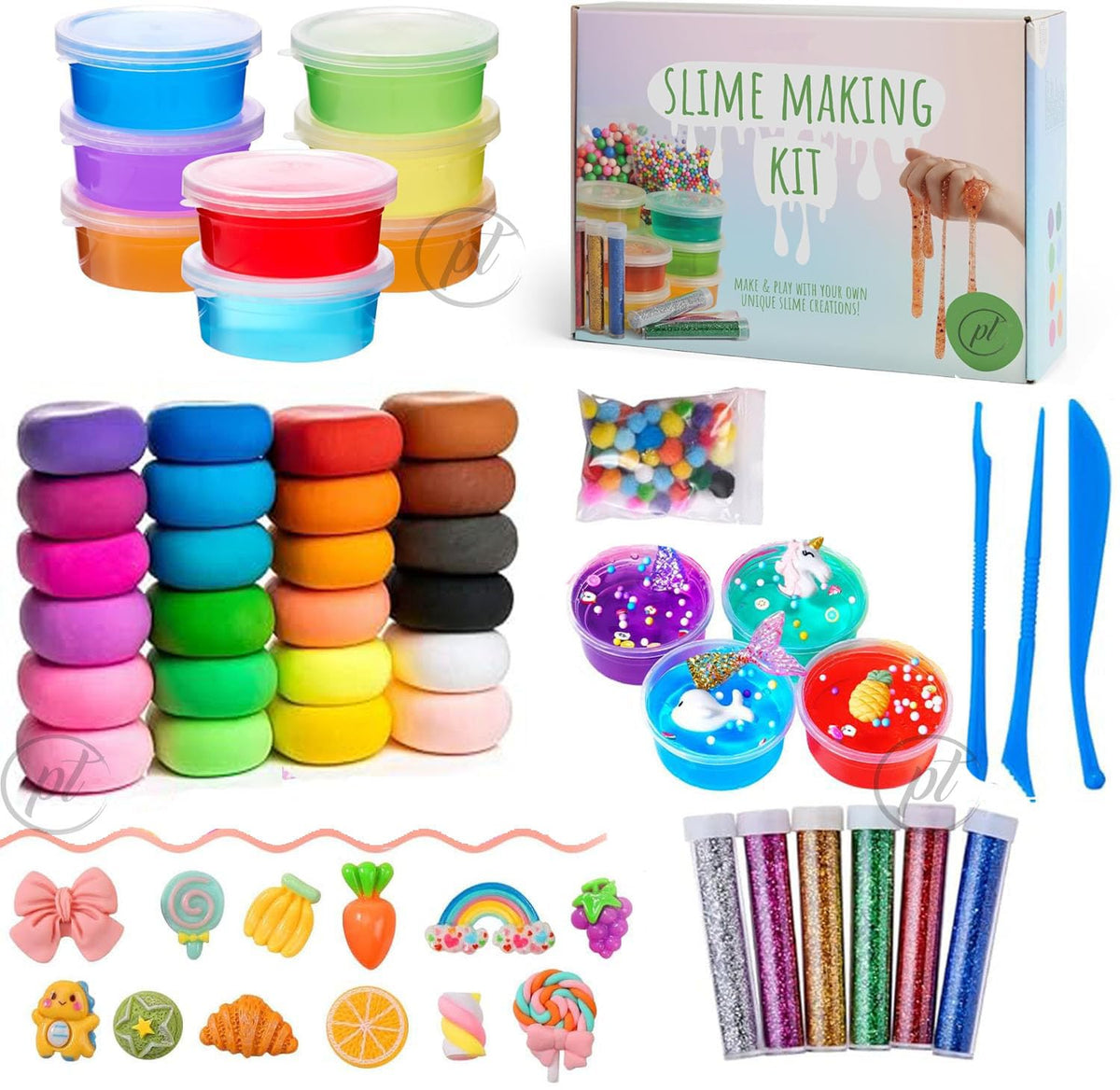 Daily Crafts Clay Slime Combo Set Of 55 Pcs For Girls And Boys 3+ Years Old, Jelly Slimes | Air Dry Clay, Cute Charms, Glitters,