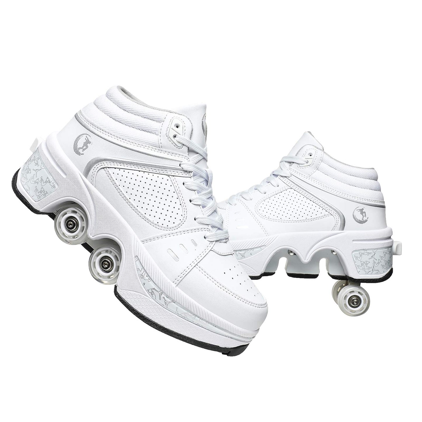 Double-Row Deform Wheel Automatic Walking Shoes Invisible Deformation Roller Skate 2 in 1 Removable Pulley Skates Skating Parkour (White high  US8.5)