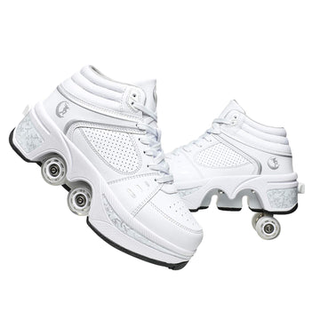 Double-Row Deform Wheel Automatic Walking Shoes Invisible Deformation Roller Skate 2 in 1 Removable Pulley Skates Skating Parkour (White high  US 7)