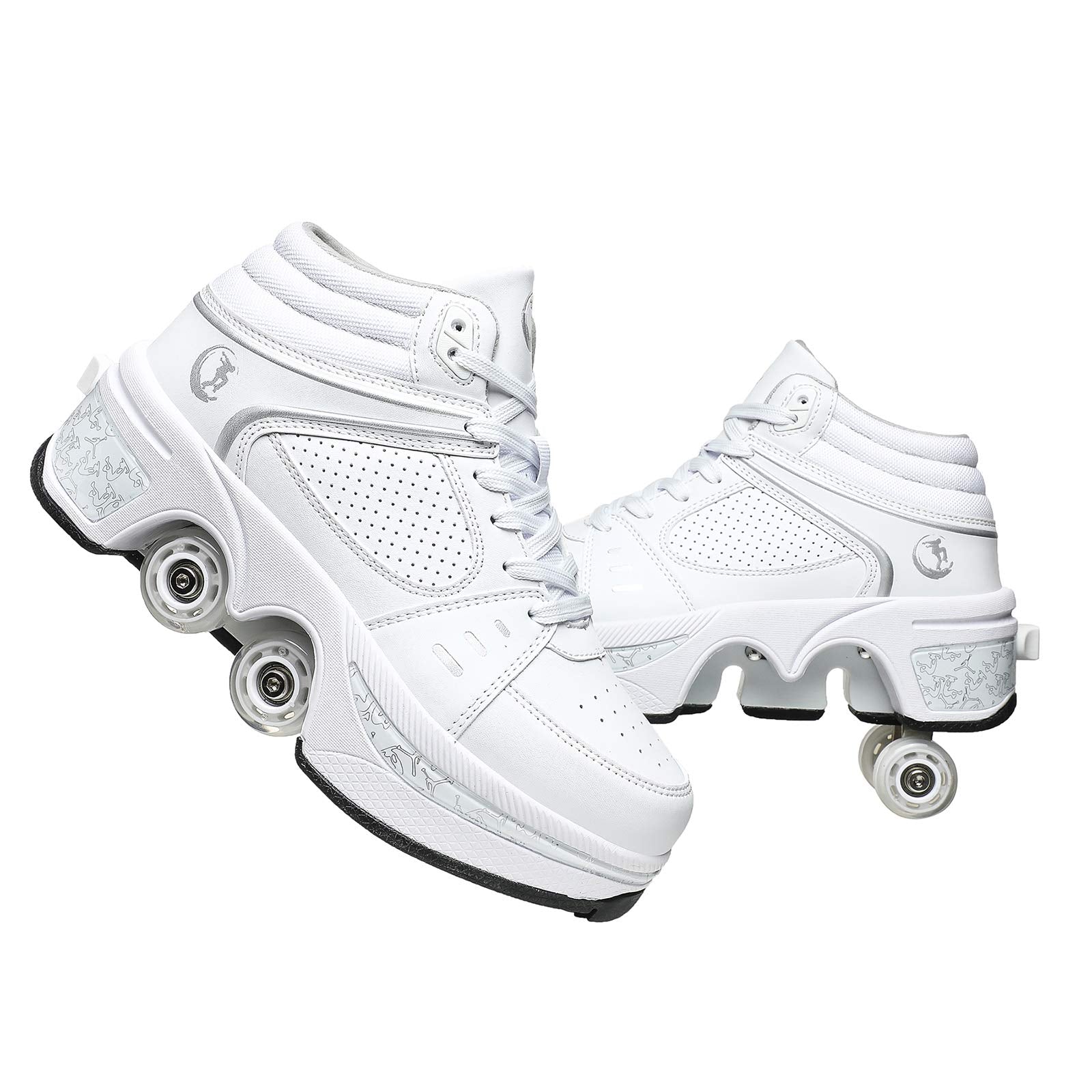 Double-Row Deform Wheel Automatic Walking Shoes Invisible Deformation Roller Skate 2 in 1 Removable Pulley Skates Skating Parkour (White high  US 10.5)