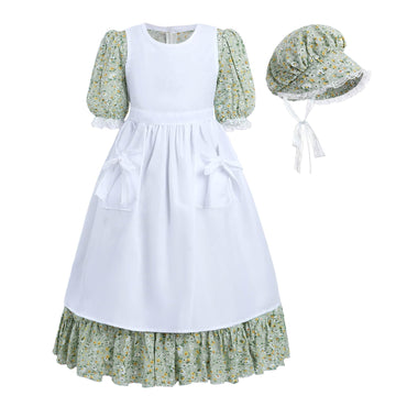 Nuoqi Pioneer Girl Costume, Green Colonial Girl Costume Prairie Dresses With White Apron 10-12