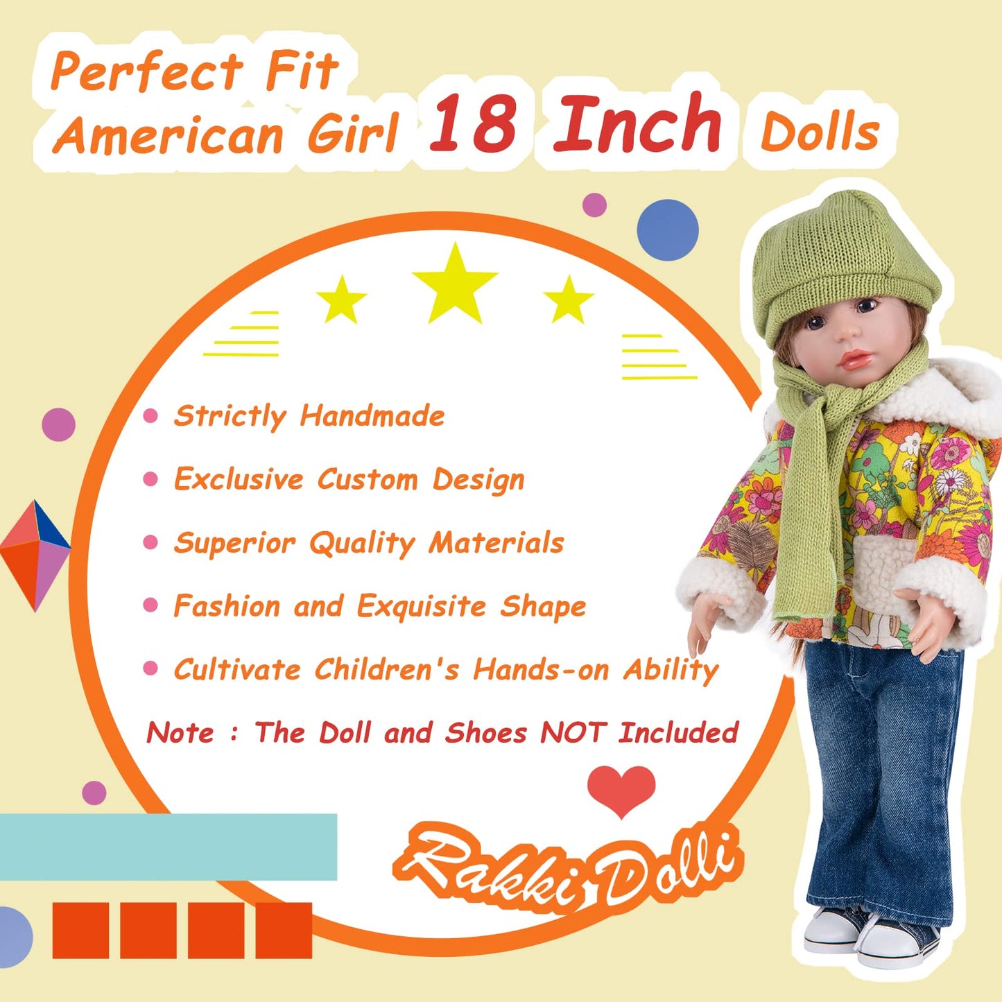 Rakki Dolli Doll Clothes Set 5-Pc Fashion Mustard Winter Coat Set Includes Warm Coat, Shirt, Jeans, Yellow Knit Hat & Knit Scarf