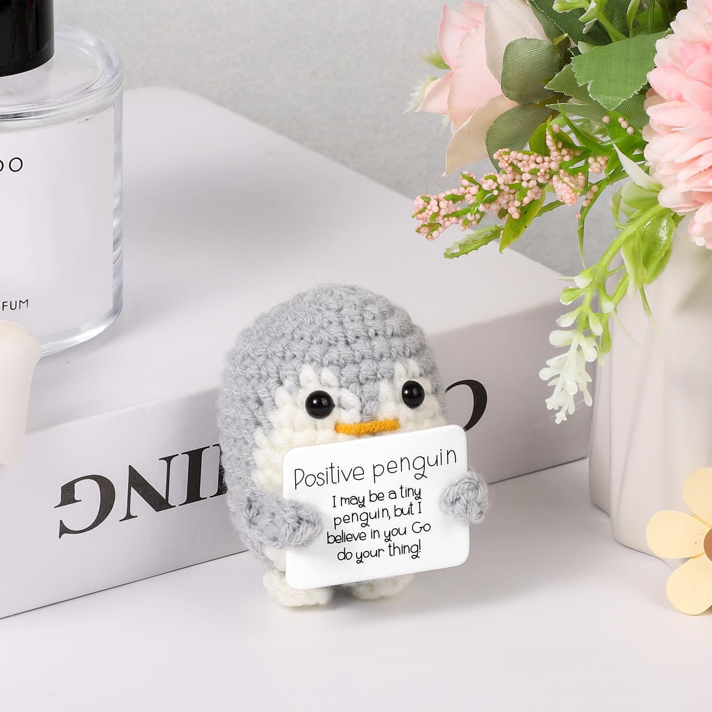 Mini Funny Positive Penguin, Cute Potato 2.6 Inch Knitted Penguin Toy With Positive Card Positive Penguin Crochet Doll Cheering Gift For Graduation Family Friend Encouragement Party Decoration(Gray)