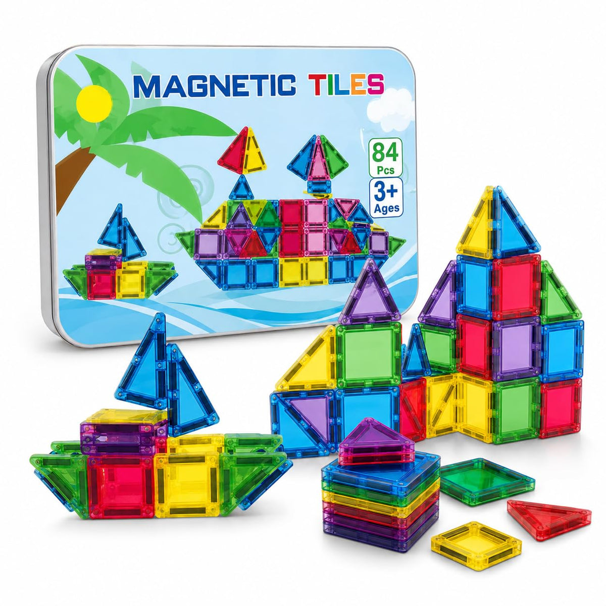 INCLUD Magnetic Tiles Building Blocks Set, 84 Pieces STEM Educational Toy for Kids 3+ Years, Creative Construction Learning Kit,