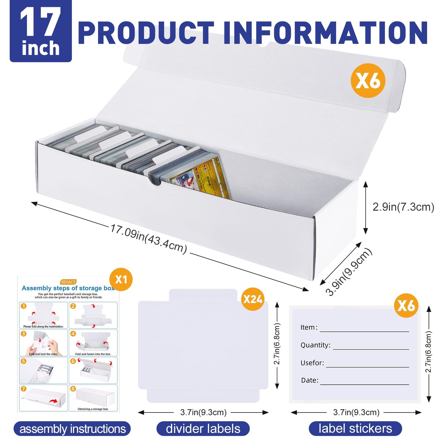 NEOACT 1200ct Trading Card Storage Box,6 Pack 17 Inch Cardboard Storage Boxes with Dividers&Labels for TCG,Game,MTG,Sports Cards