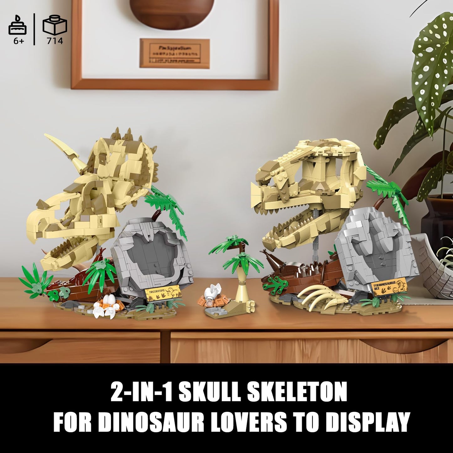 Qlt 2 In 1 Jurassic Dinosaur Skull Fossils Building Set: T. Rex, Triceratops, Stem Educational Dino Toy Skeleton Model For Kids, Compatible With Lego Adults, Great Gift For Boys Girls (714 Pcs)
