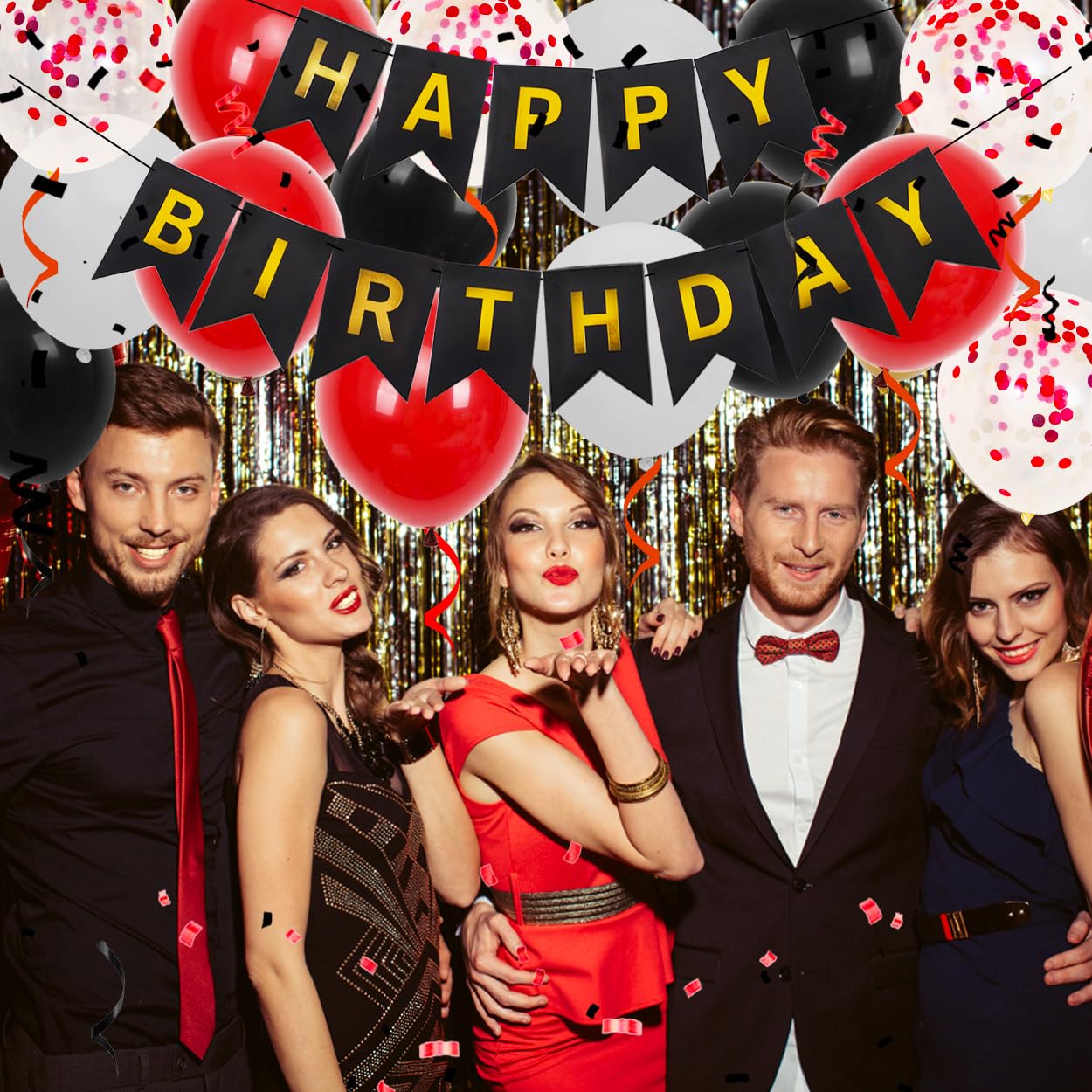 Happy Birthday Banner, Red Birthday Decoration, 16 Pcs 12 Inch Happy Birthday Balloons With 2 Ribbons For Men Women Girls And Bo