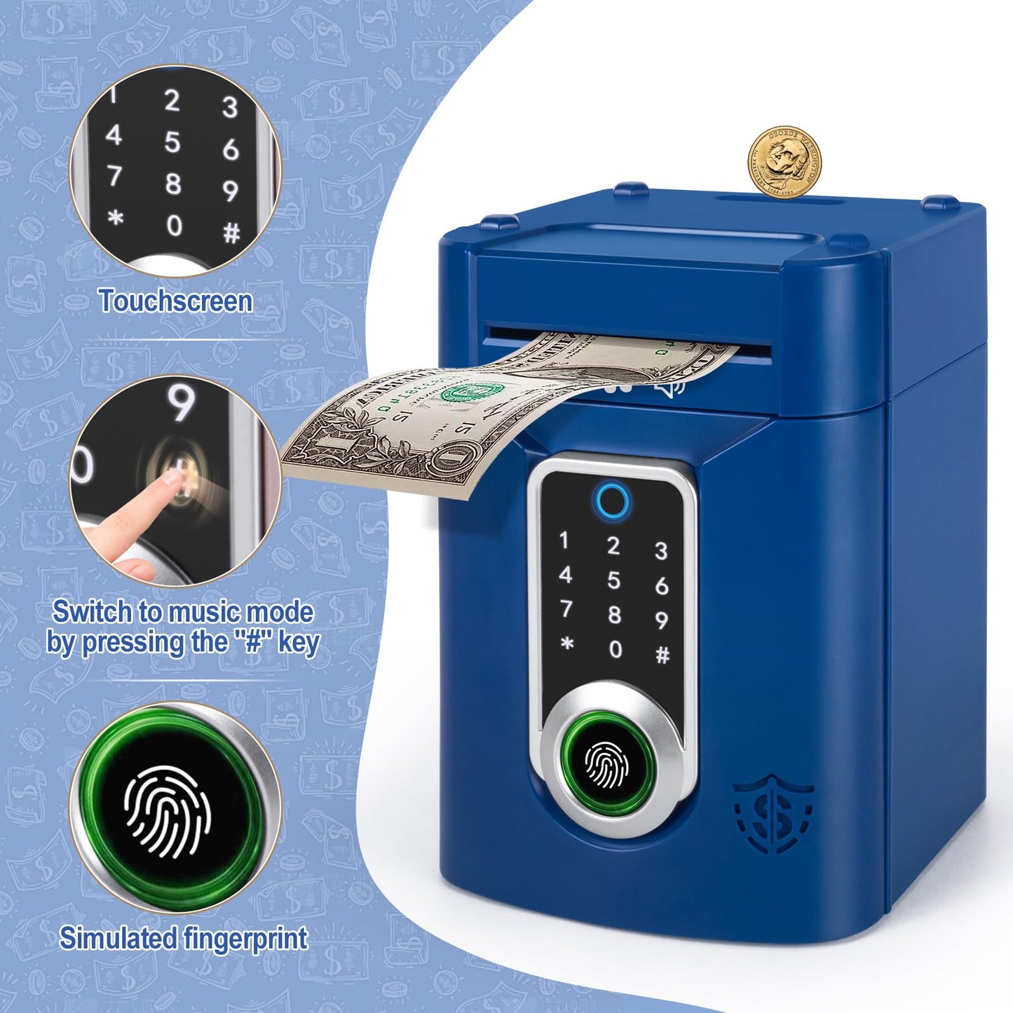 Refasy Piggy Bank For Kids,Electronic Money Bank Kids Piggy Bank For Boys Kids Toys Touchscreen Atm Piggy Bank Money Saving Box For Boys Girls Gifts Toys Coin Bank With Music(Blue)