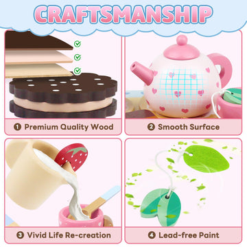 Wooden Tea Set for Little Girls Birthday Gift 2-4 Year Old Princess Toys Play Food Sets for Kids Kitchen Accessories Toddlers 3-