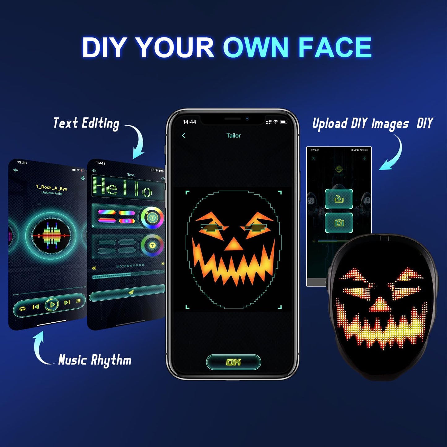 Gootus Face Transforming LED Mask - Programmable Luminous Halloween Mask, One Size, Black, Plastic