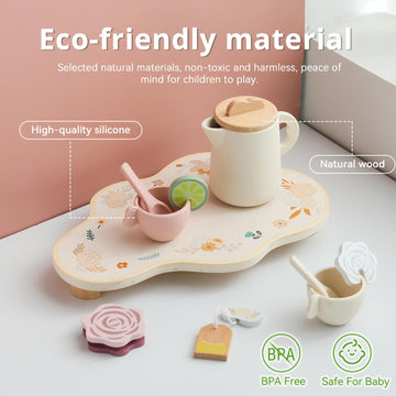 Tea Party Set for Little Girls, Silicone & Wooden Tea Set for Toddler with Silicone Teapot Cups Carrying Tray Scoop, Pretend Pla