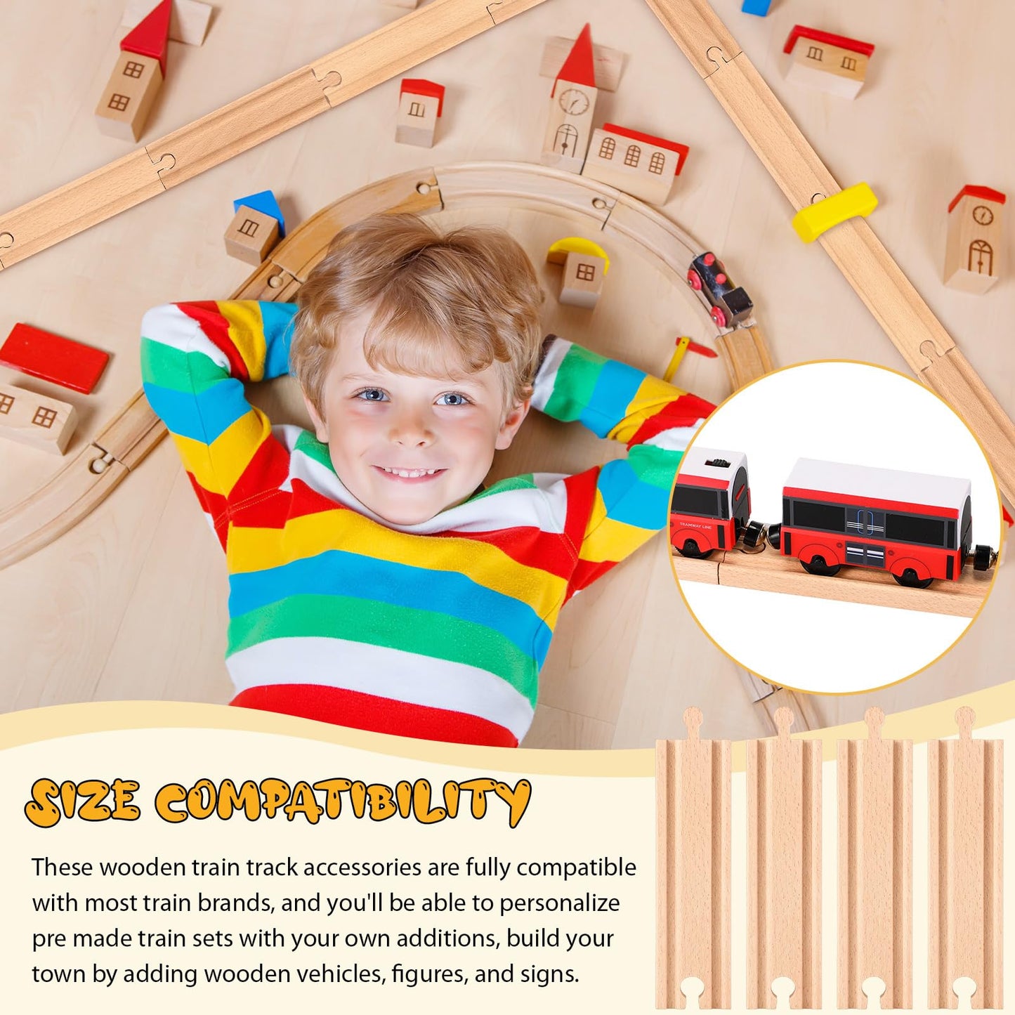 Liliful Pack of 16 Straight Wooden Train Track Expansion Male-Male Female-Female Train Track Compatible with Most Train Tracks 6
