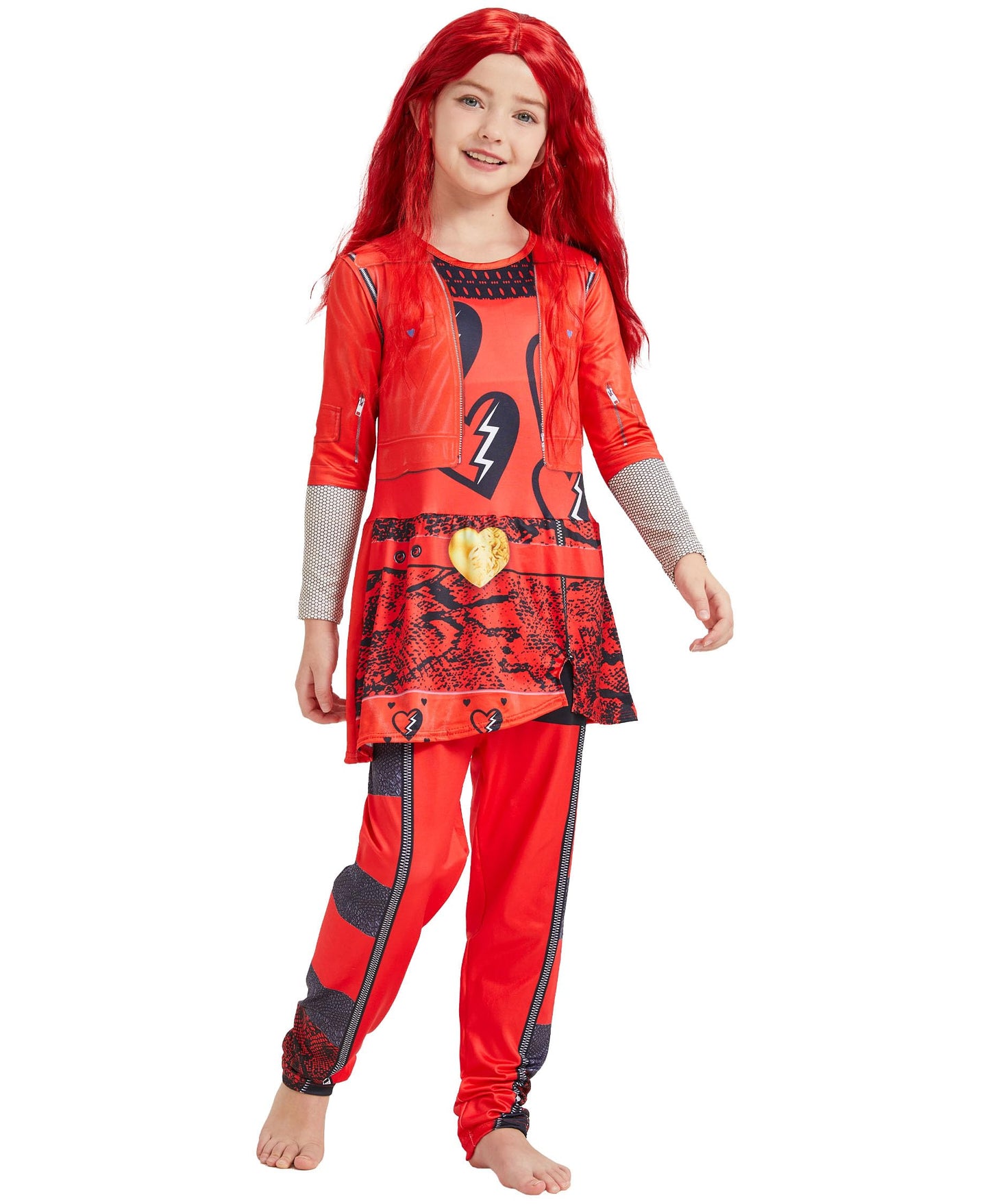 Girl Red Costume With Wig Rise Red Princess Kids Hallowen Party Dress Up Jumpsuit (Red, X-Large(9-10 Years))