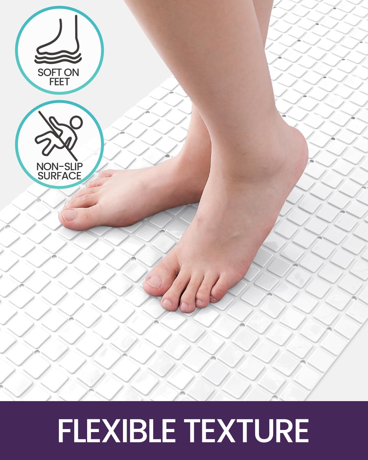 Dexi Bath Tub Shower Mat Non-Slip 16 X 39 Extra Long Bathtub Mats, Suction Cups, Drain Holes, Machine Washable Bathroom Mat, Whi