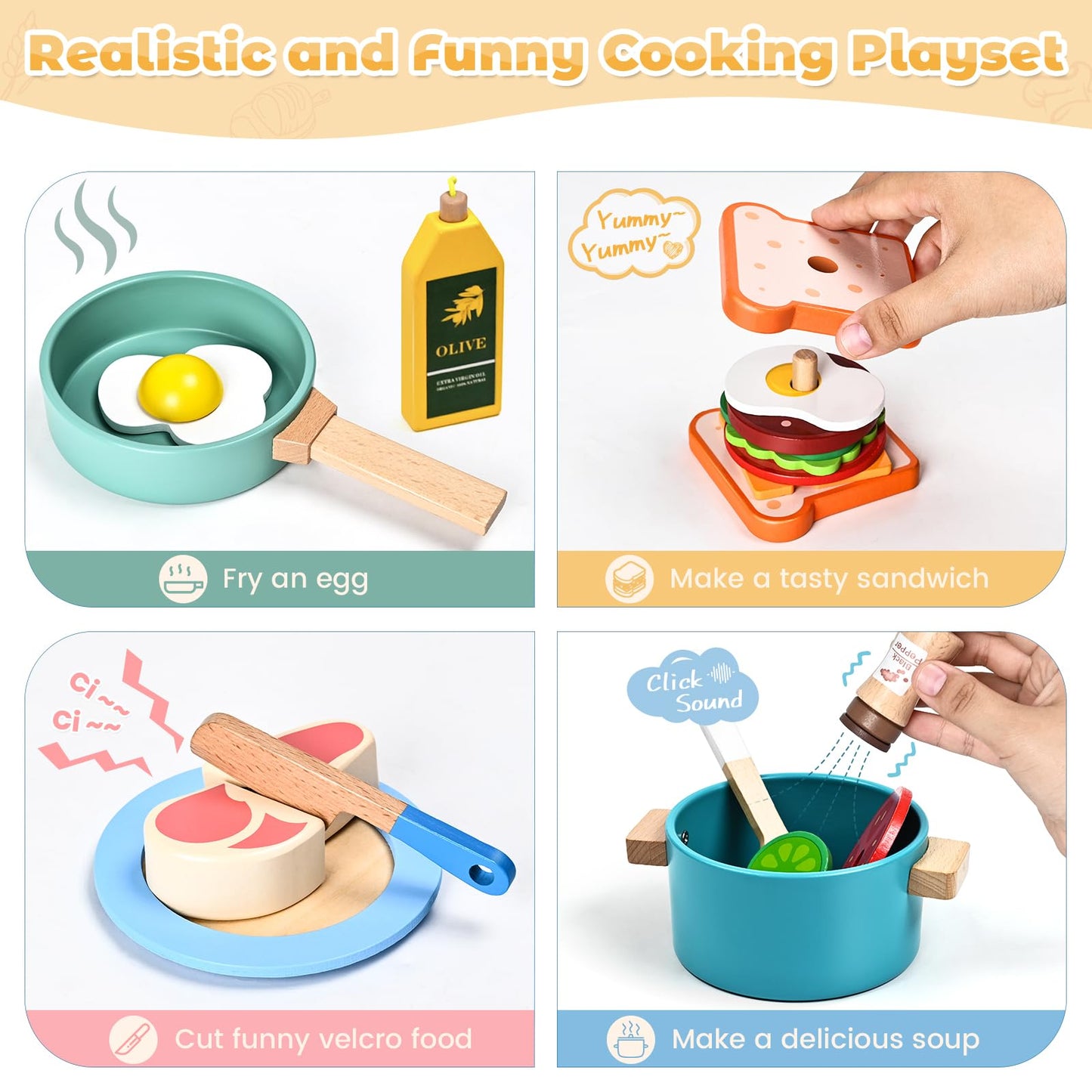 35 Pcs Wooden Play Kitchen Accessories, Pretend Play Kitchen Toys For Kids Toddlers, Wooden Play Cooking Set Play Food Cookware