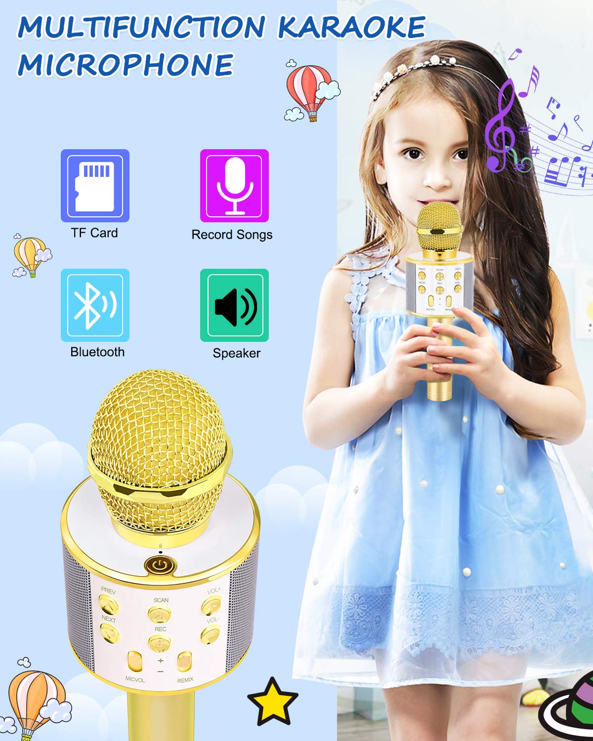 Dodosky Gifts For 4 5 6 7 8 9 10 11 12 Year Old Girls, Handheld Karaoke Microphone For Kids Fun Toys For 4-13 Year Old Girls Birthday Gifts For 5-13 Year Old Girls Boys Teens - Gold