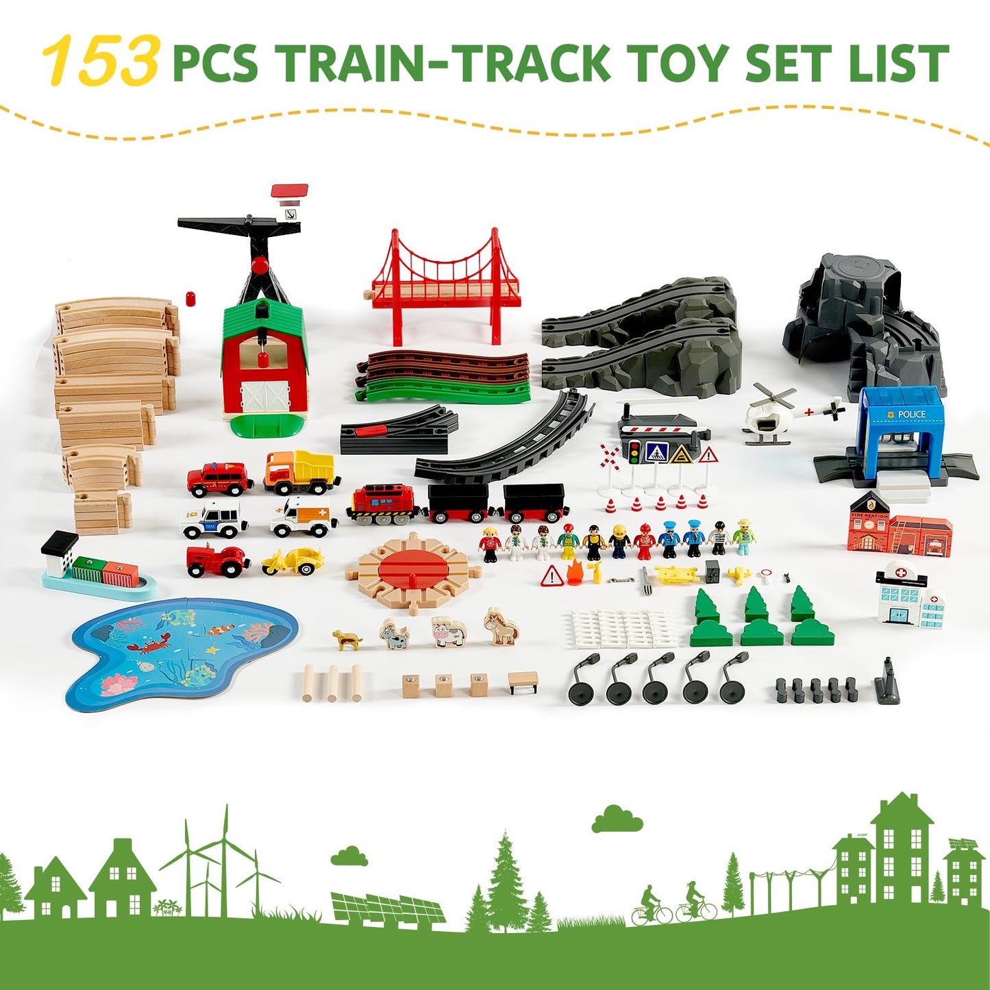 Joylike 153pcs Wooden Train Set  Toy Train for Boys & Girls  6 Themed Scenarios Wooden Train Track for Toddlers & Kids  Ideal Easter Birthday Gift Toy for Kids  Compatible with Major Brands