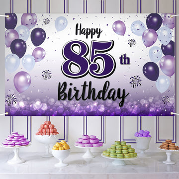 LASKYER Happy 85th Birthday Decorations,85th Purple Balloon Large Birthday Banner Backdrop Sign,85 Years Old Bday Party Supplies