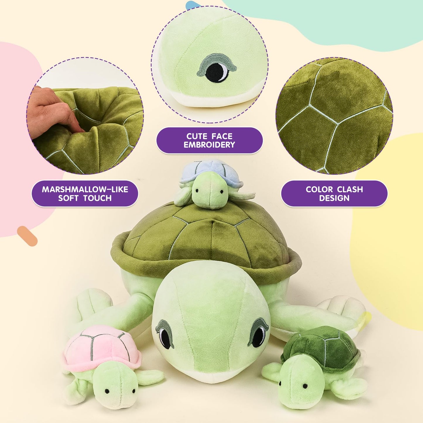 16 Inch Turtle Stuffed Animals Toys For Ages 3 4 5 6 7 8+ Years Old Kids - Mommy Turtle With 3 Baby Turtle In Her Tummy, Idea Xm