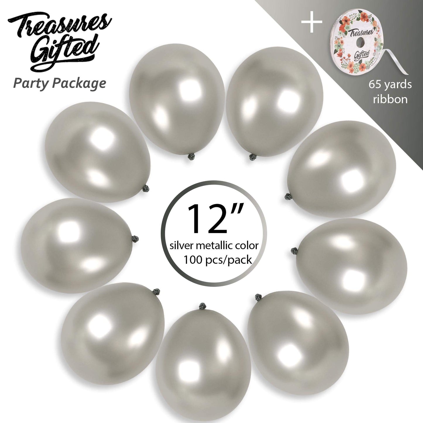 Treasures Gifted Metallic Silver Balloons - Helium Pearl Gray Balloons - 12 Inch Silver Metallic Balloons, Bulk Pack - Grey Meta