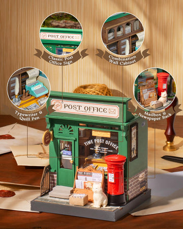 Rolife Diy Mini Building House Miniature Kit-Century Post Office, Miniature Lifestyle Mini Bookshelf Decoration, Diy Hobbies/Gif