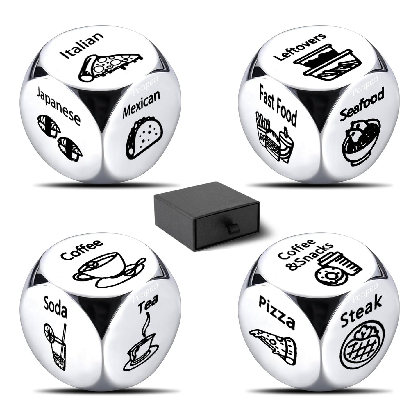Ponpon 4Pcs Food Decision Dice, Metal Food Dice Game, Funny Gift for Couples Girlfriend Boyfriend Wife Husband on Anniversary Va