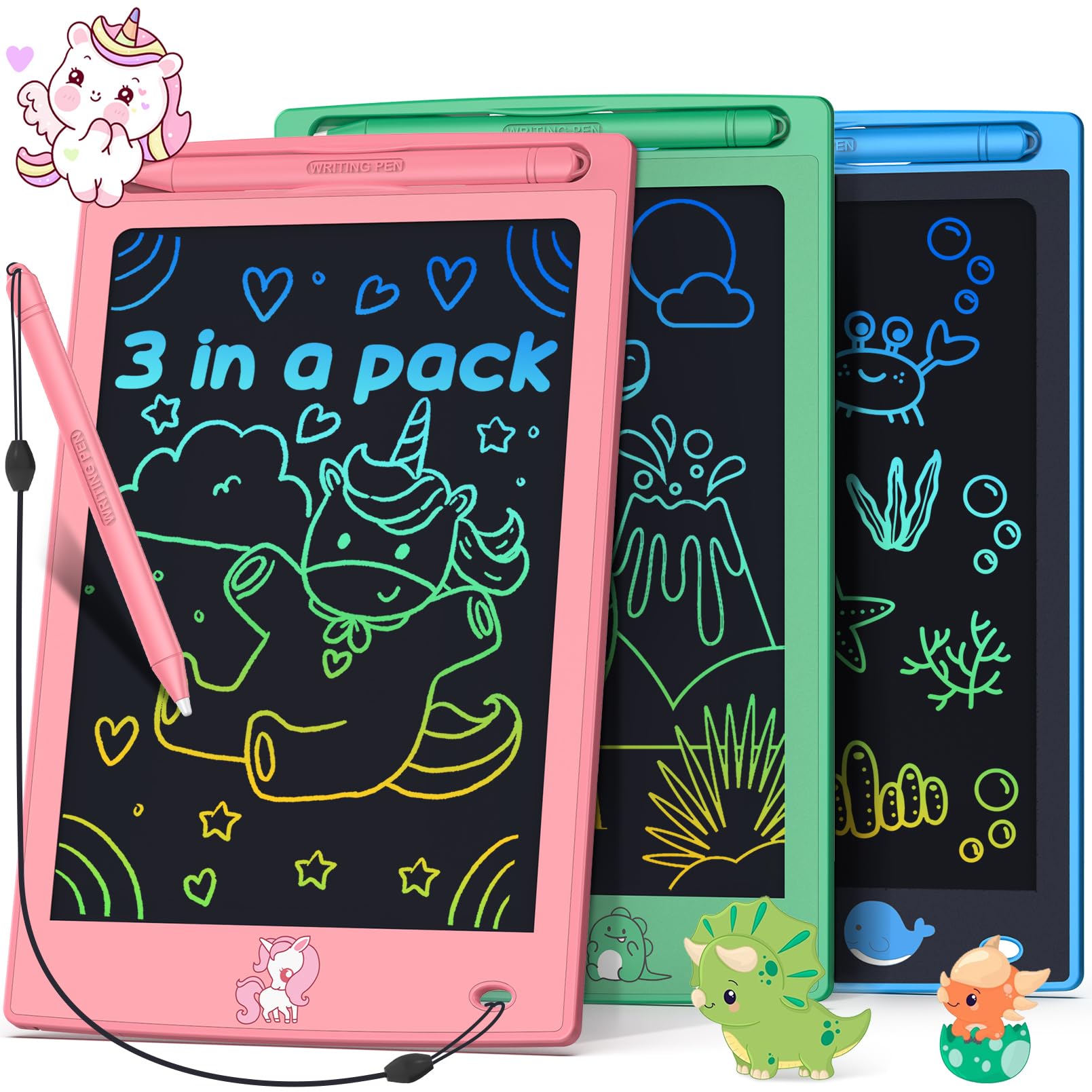 FLUESTON Toys LCD Writing Tablet Toddler,Toys for Boys Girls 3 4 5 6 7 8year,8.8 Inch 3pcs in 1 Pack Drawing Pad Toy Christmas B