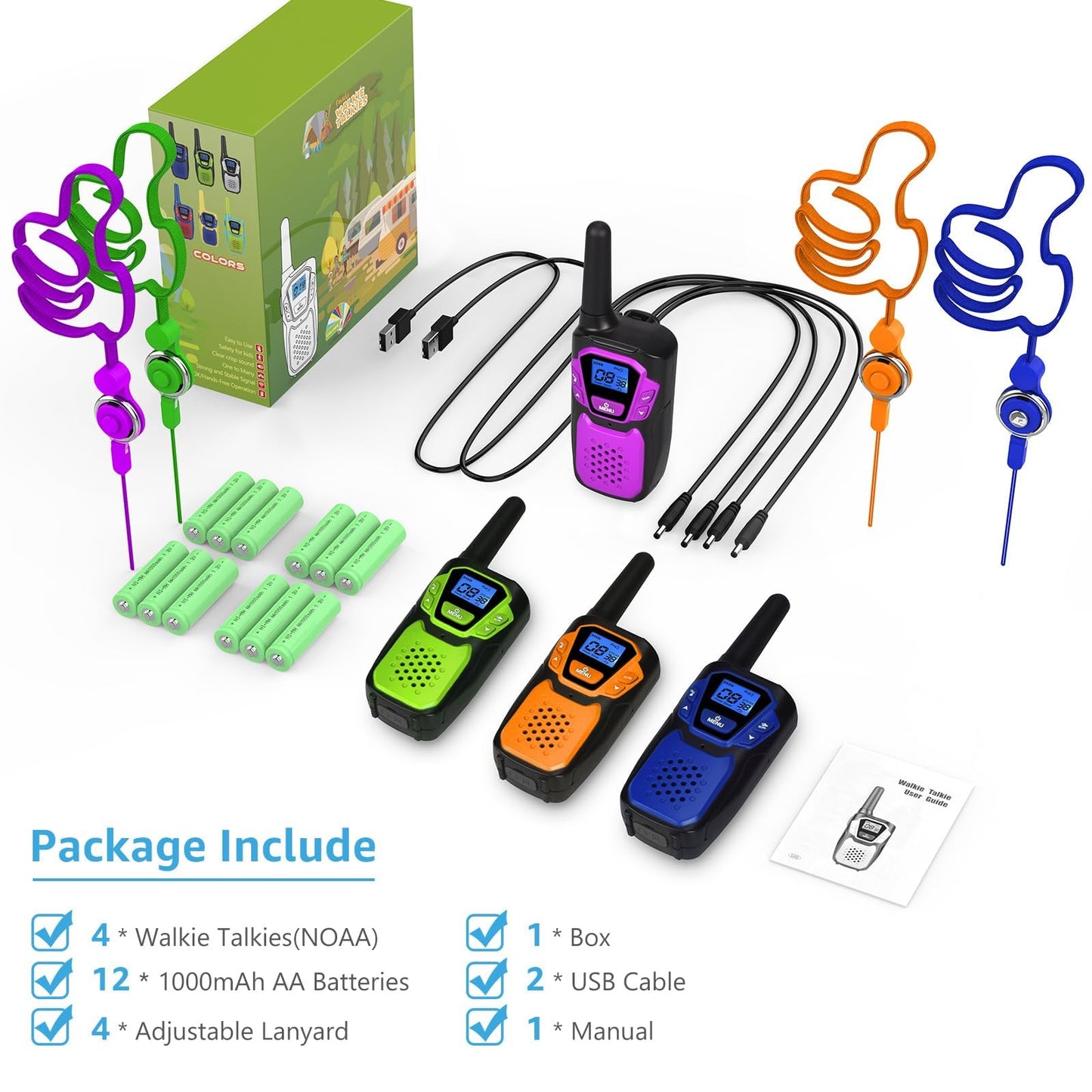 Topsung Walkie Talkies 4 Pack Rechargeable Easy to Use Family Walky Talky Toy for 3-12 Years Old Boys and Girls Birthday for Camping Hiking Outdoor with Regular Micro-USB Cable and Battery