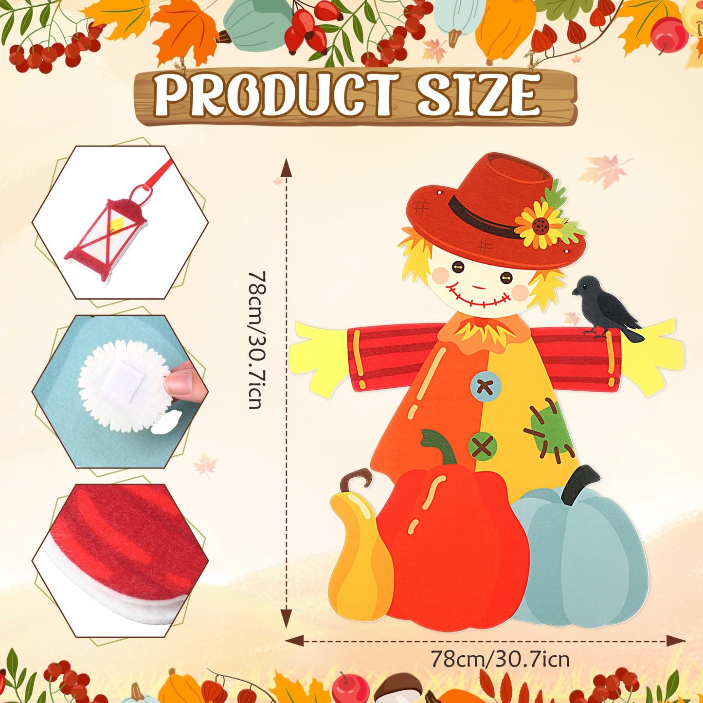 Thinkday 37 Pieces Thanksgiving Craft Kit Felt Scarecrow Craft, Fall DIY Scarecrow Pumpkin Felt Set, 36 Detachable Fall Maple Le