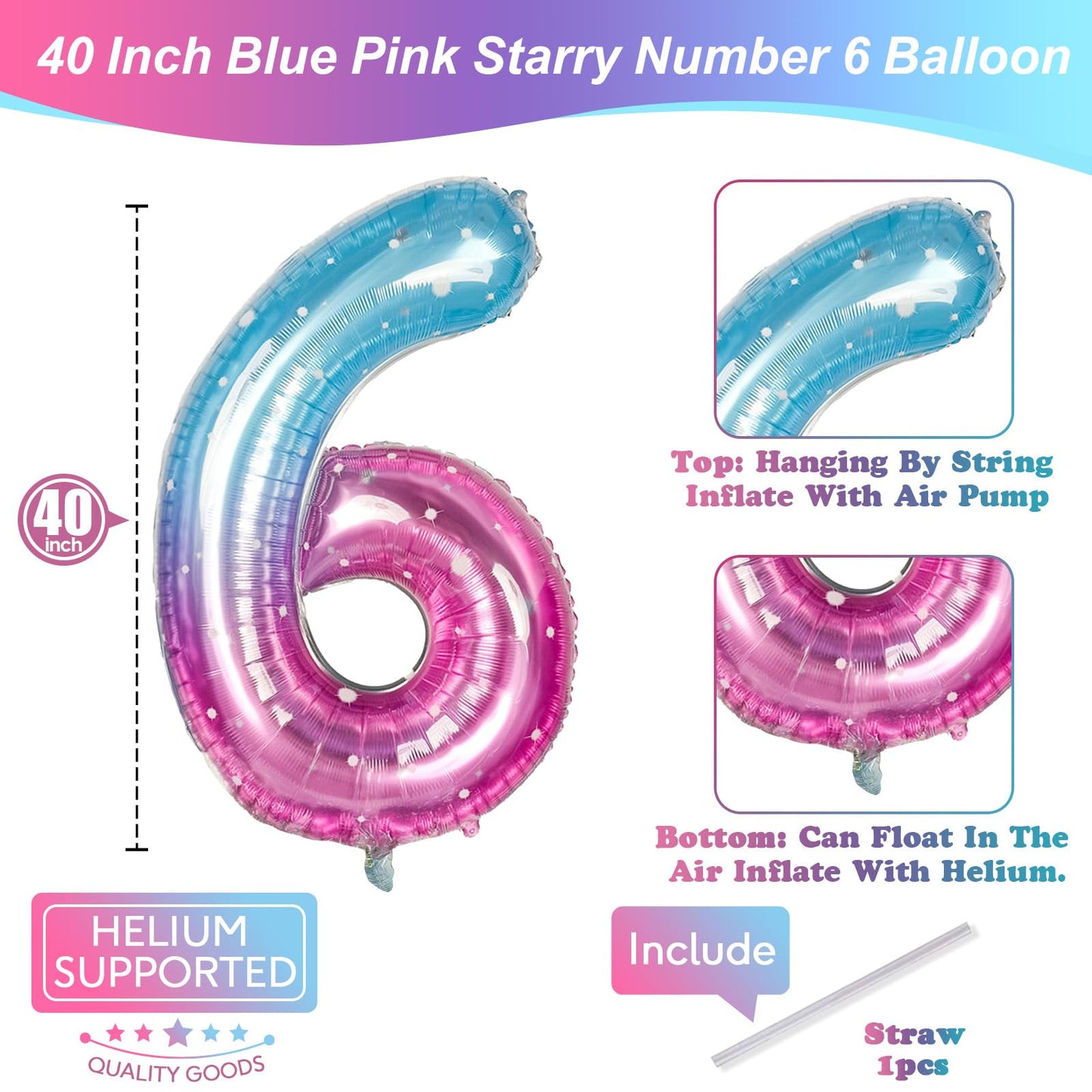 40 Inch Balloon Number 6 Blue Pink, Large Foil Mermaid 6 Balloons Number For Women, Starry Rainbow Globos De Numero 6 Helium Bal