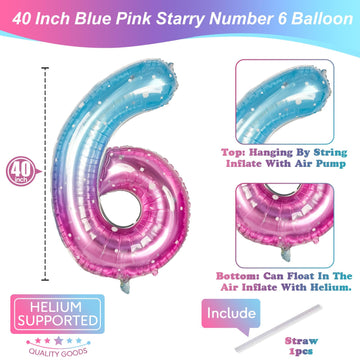 40 Inch Balloon Number 6 Blue Pink, Large Foil Mermaid 6 Balloons Number For Women, Starry Rainbow Globos De Numero 6 Helium Bal