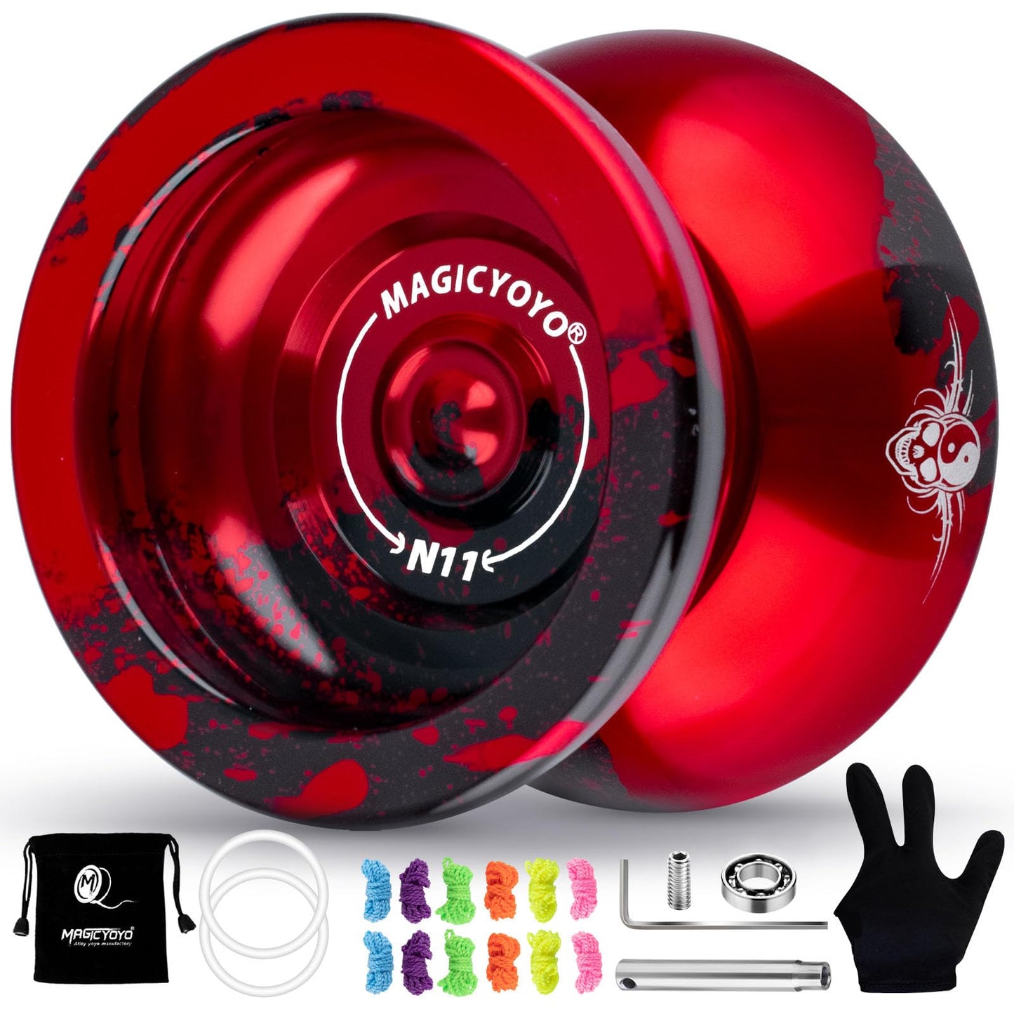MAGICYOYO N11 Professional Unresponsive Yoyo & Responsive Yoyo for Kids 8-12 or Above Alloy Aluminum YoYo with Yoyo Bag  Yoyo Glove  12 Yoyo Strings and Responsive Bearing Kit (Black Red)