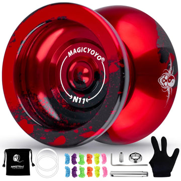 MAGICYOYO N11 Professional Unresponsive Yoyo & Responsive Yoyo for Kids 8-12 or Above Alloy Aluminum YoYo with Yoyo Bag  Yoyo Glove  12 Yoyo Strings and Responsive Bearing Kit (Black Red)