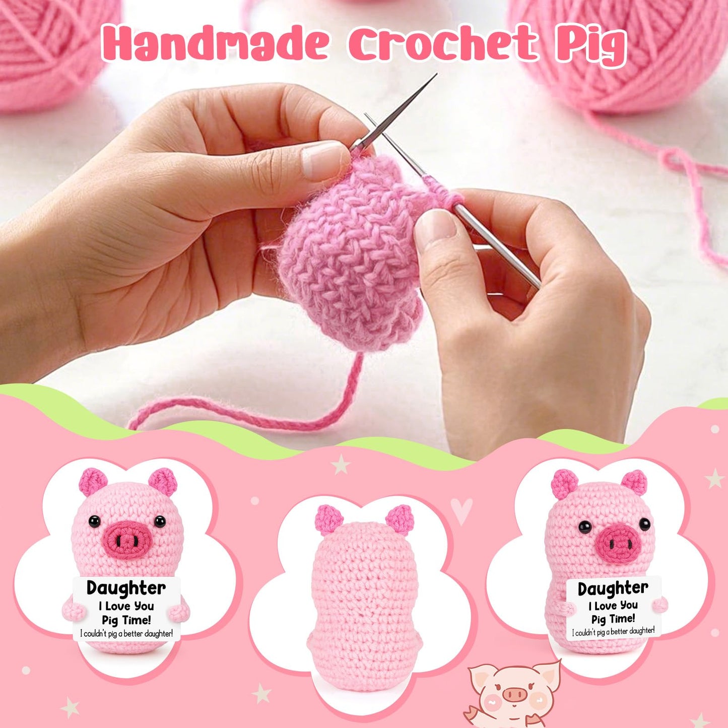 Funny Positive Pig Gifts for Daughter Birthday Christmas  Handmade Crochet Emotional Inspirational Pink Pig for Daughter Teens mature-themed  Daughter Gifts for Birthday Graduation Christmas Cute Decor