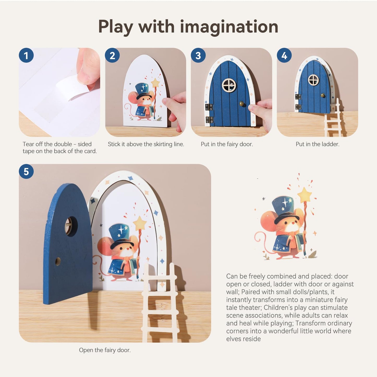 Wooden Magical Fairy Doors - Openable Tooth Elf Door with Mouse Elf & Ladder, Tiny House Doors for Kids Imaginative Play, Handma