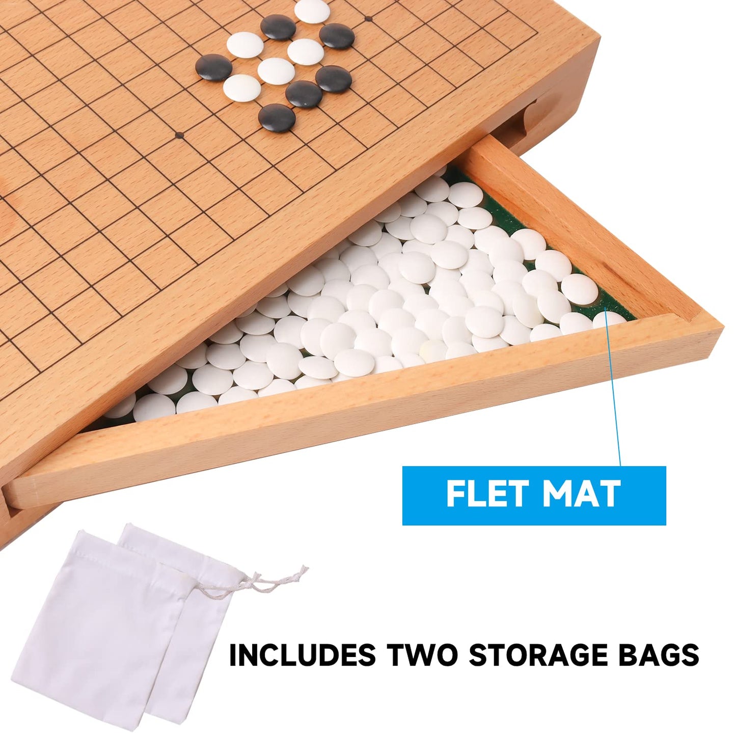 GSE Games & Sports Expert 12-Inches Wooden Go Board Game Set with Drawers, Wood Go Game Board Set with Plastic Stones, Classic C