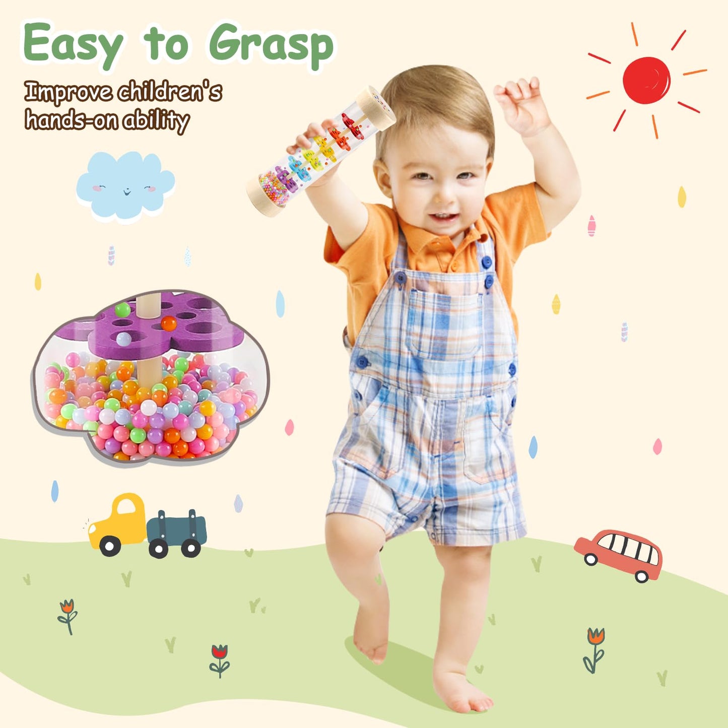 LOOIKOOS Rainmaker - 7 inch Wooden Rain Stick Montessori Toys for Babies 6-12 Months Baby Rattle Shaker Sensory Developmental Toy Raindrops Musical Instrument Baby Musical Toys for Baby 6 7 8 9