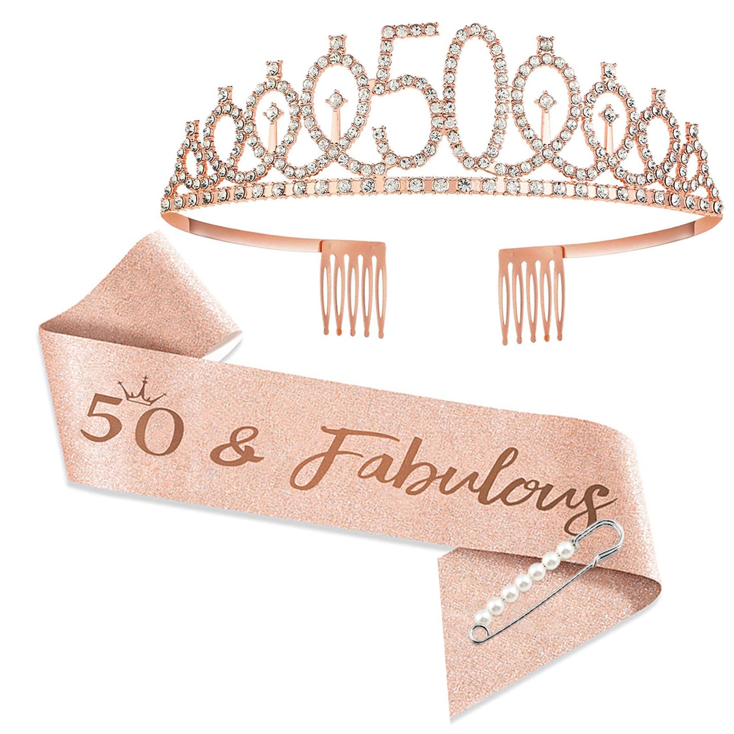 50Th Birthday Tiaras And Crowns For Women Girls, Birthday Decorations Rose Gold Sash Crystal Tiara Party Supplies