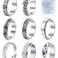 Mucal Fidget Rings For Anxiety 8Pcs Stainless Steel Spinner Ring Anti Spinning Moon Star Cool Stress Relieveing Women Men, Silver, 9