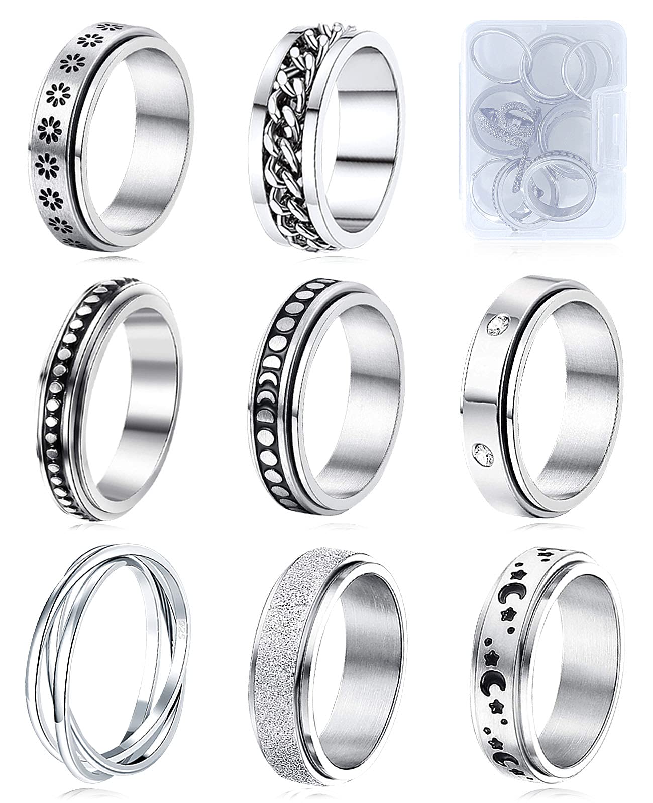 Mucal Fidget Rings For Anxiety 8Pcs Stainless Steel Spinner Ring Anti Spinning Moon Star Cool Stress Relieveing Women Men, Silver, 9