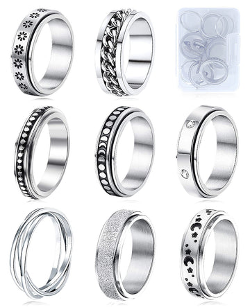 Mucal Fidget Rings For Anxiety 8Pcs Stainless Steel Spinner Ring Anti Spinning Moon Star Cool Stress Relieveing Women Men, Silver, 9
