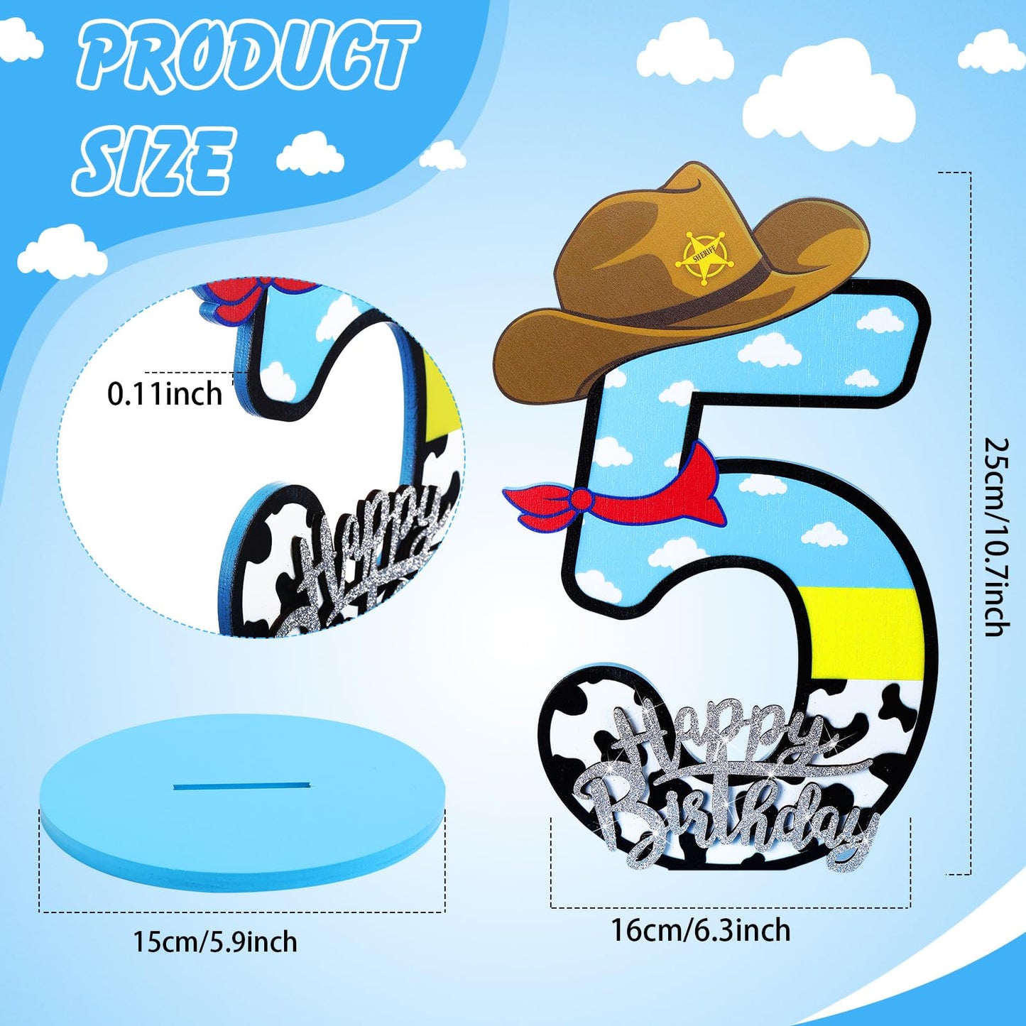 Vercraft Toy Theme 5th Birthday Party Number Centerpiece Cartoon Party Number Sign Blue Sky and White Cloud Cow Birthday Sign fo