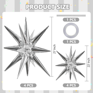 Toniful 8 Pcs Silver Star Foil Balloons Large Star Balloons Silver Explosion Star Mylar Balloons For Party Backdrop Christmas Ne
