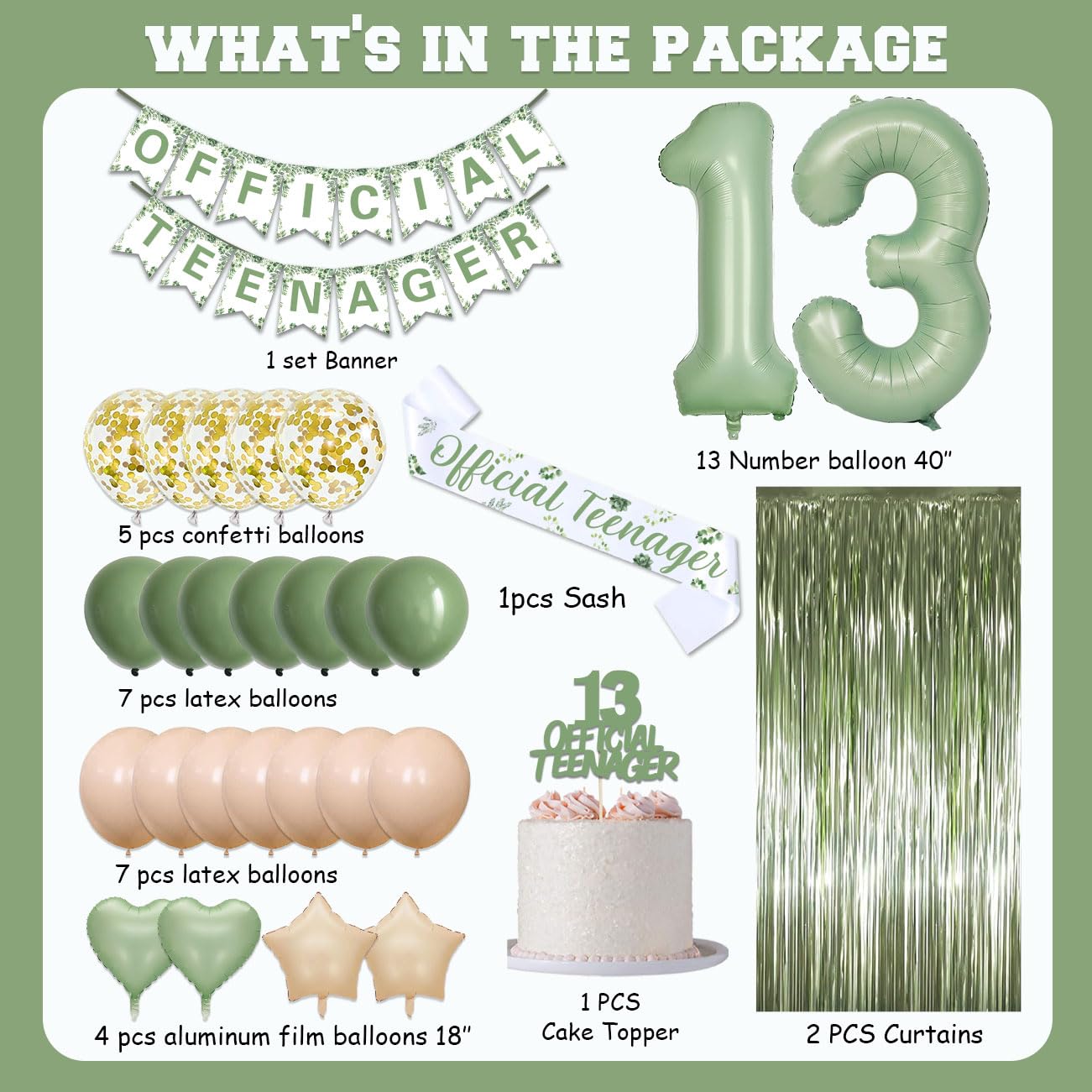 Sage Green 13th Birthday Decorations Kit - Official Teenager Banner, Cake Topper, Green Balloons, Party Supplies for 13 Years Ol