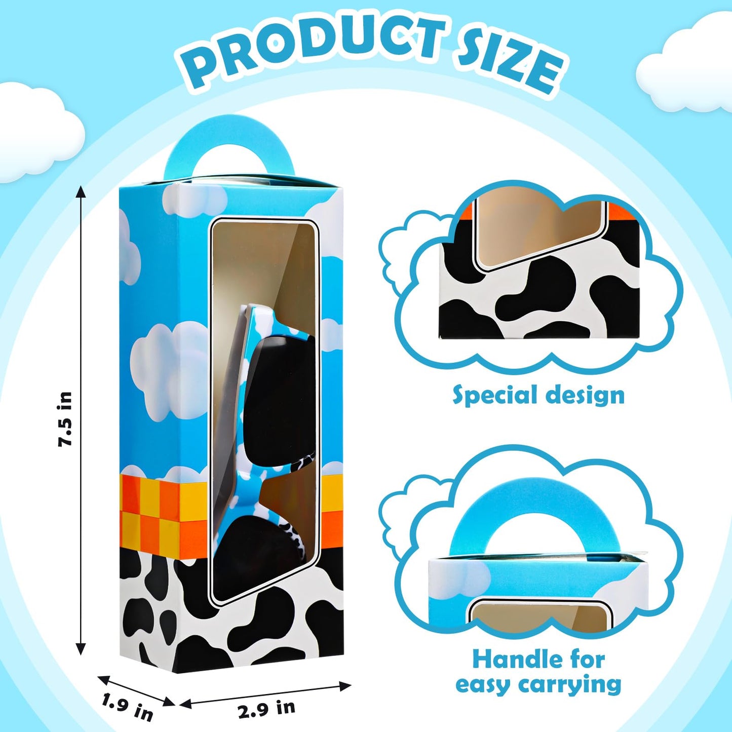 Relaxweex 12 Sets Cartoon Farm Party Favors Includes Cow Pattern Party Gift Boxes Blue Sky White Cloud Sunglasses DIY Christmas